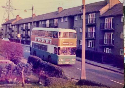 A number 54 bus heading down Skirsa Street Cadder Glasgow 1979
