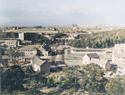A view of Lyoncross Road in Pollok from Crookston Castle, Glasgow 1955
