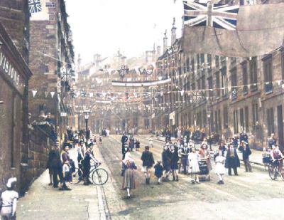 Colourised Photo Of A Street Celebration For The Queens Coronation In Rolland  Street Maryhill Glasgow 1953
