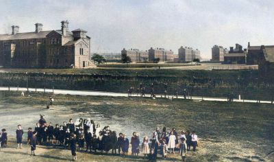 Colourised Photo Of Children Gathered For A Photograph Across From The Maryhill Barracks At Kelvidale Road Maryhill Glasgow Early 1900s
