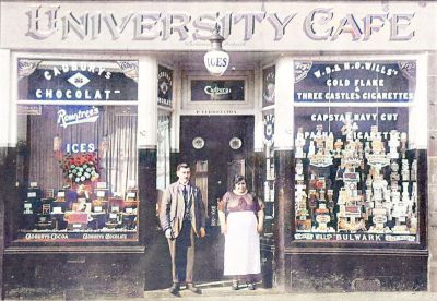 Colourised Phtoto Of  The University Cafe On Byres Road In The West End Of Glasgow Early 1900s
