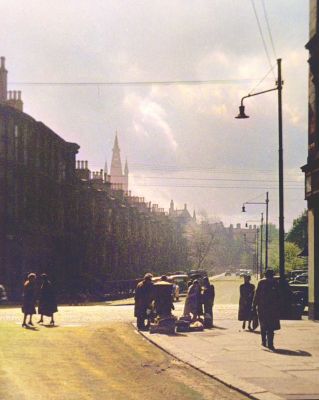 The view from Dowanside Street looking East across Byres Road to Ashton Road, Glasgow 1950s
