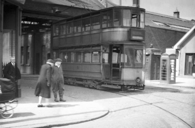 Tram leaving the depot  in Celtic Street Maryhill Glasgow 1950s
