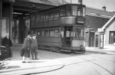 Tram leaving the depot  in Celtic Street Maryhill Glasgow 1950s
